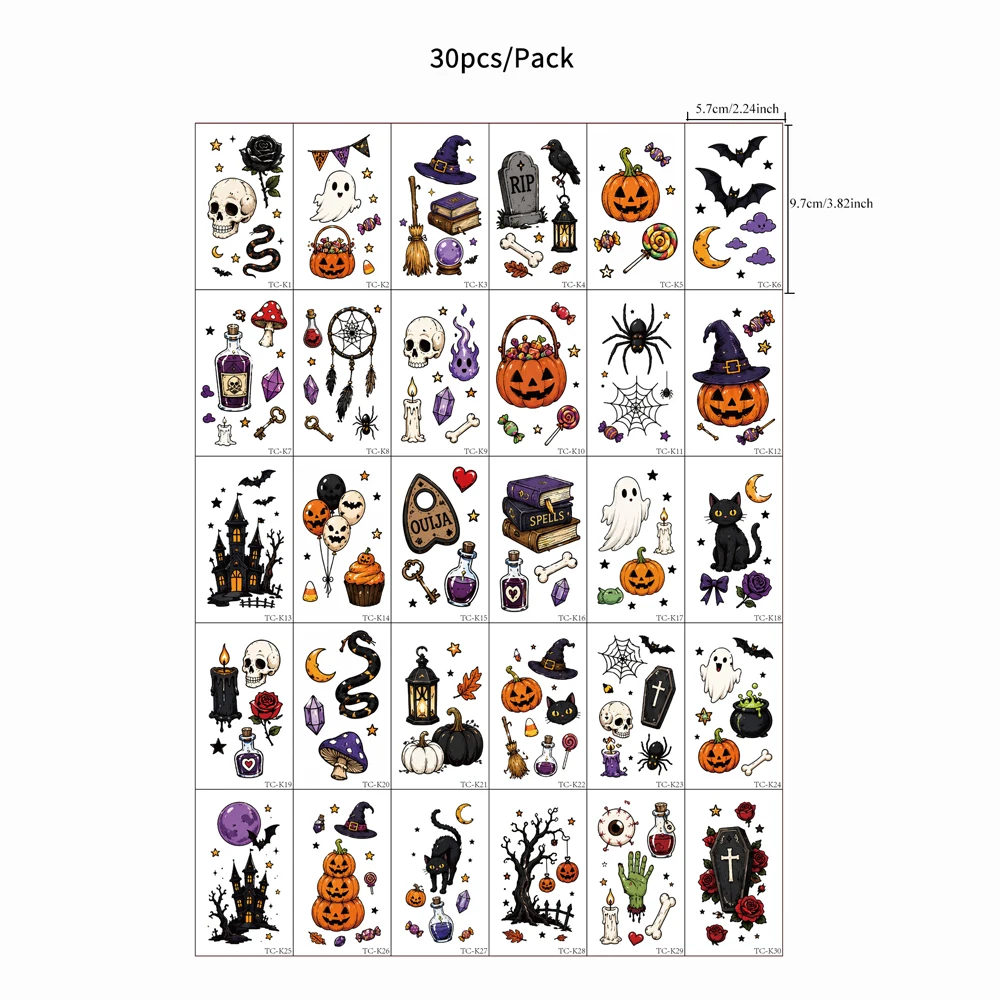 30 Stück wasserfeste temporäre Tattoos für Halloween-Party, Fledermaus, Kürbis, Totenkopf, Tattoo-Aufkleber für Frauen und Männer, Gesichts- und Körper-Make-up – Detail 4