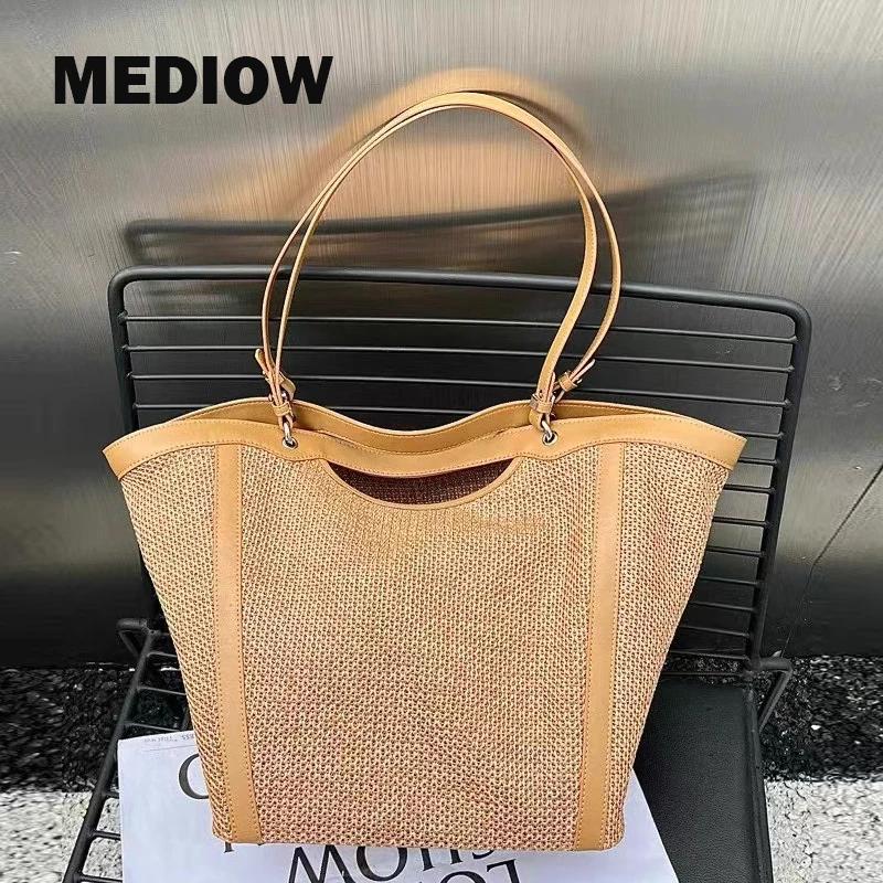 MEDIOW Bohemian Beach Tote Bags For Women Luxury Designer Handbag And Purse 2024 New In Papyrus Woven With Inner Pocket Shoulder