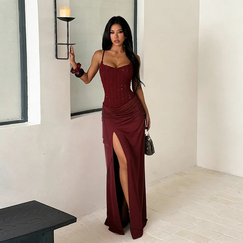 Solid Color Sequin Slit Pleated Dress Birthday Party Graduation Ceremony Sexy Elegant Fashionable Dinner Dress