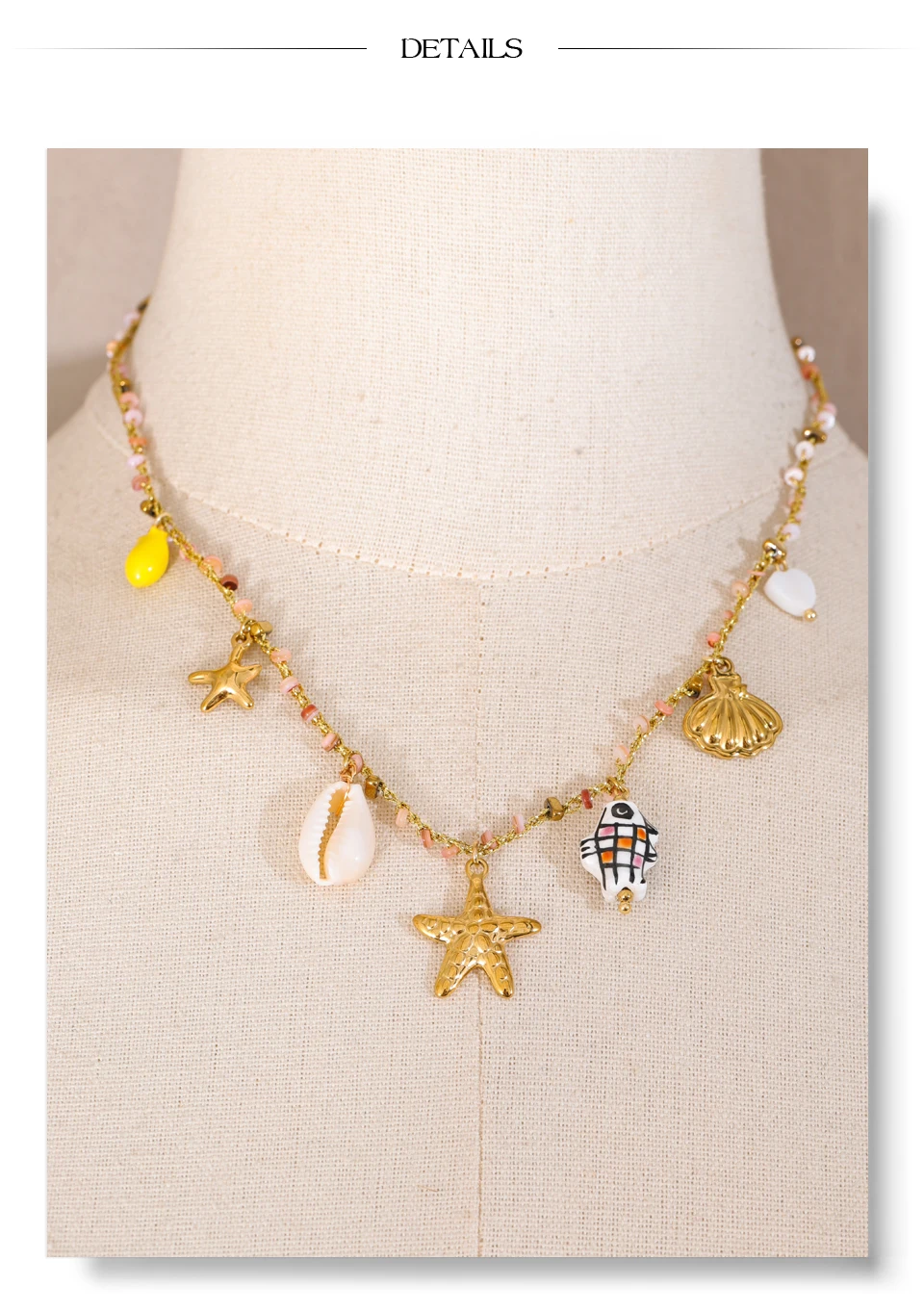 Yhpup Ozean Stil Keramik Fisch Seestern Shell Tropfen Halskette für Frauen Edelstahl Goldener Kragen Sommer Handgefertigter Schmuck – Detail 19