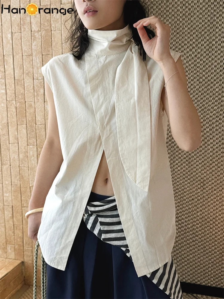

HanOrange 2026 Spring/Summer Twisted Collar Slant Front Trendy Vest Layered Lightweight Women Sleeveless Top Pink/Linen Color