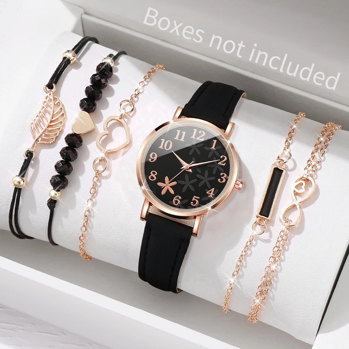 6PCS Women\'s Watch Fashion Flower Dial Leather Band Quartz Watches Leaf Bracelets Set（Without Box）