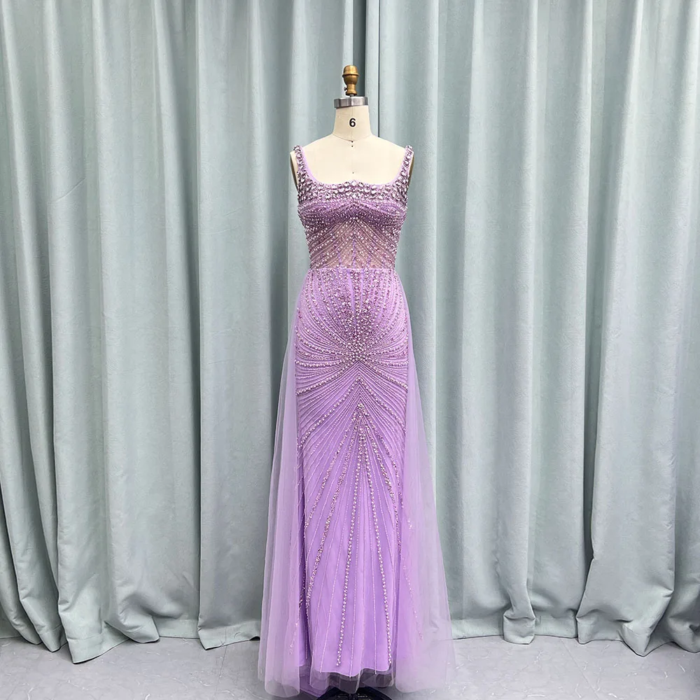 YQLNNE Purple Crystals Long Evening Dresses Mermaid Straps Tulle Beaded Weddding Party Gown