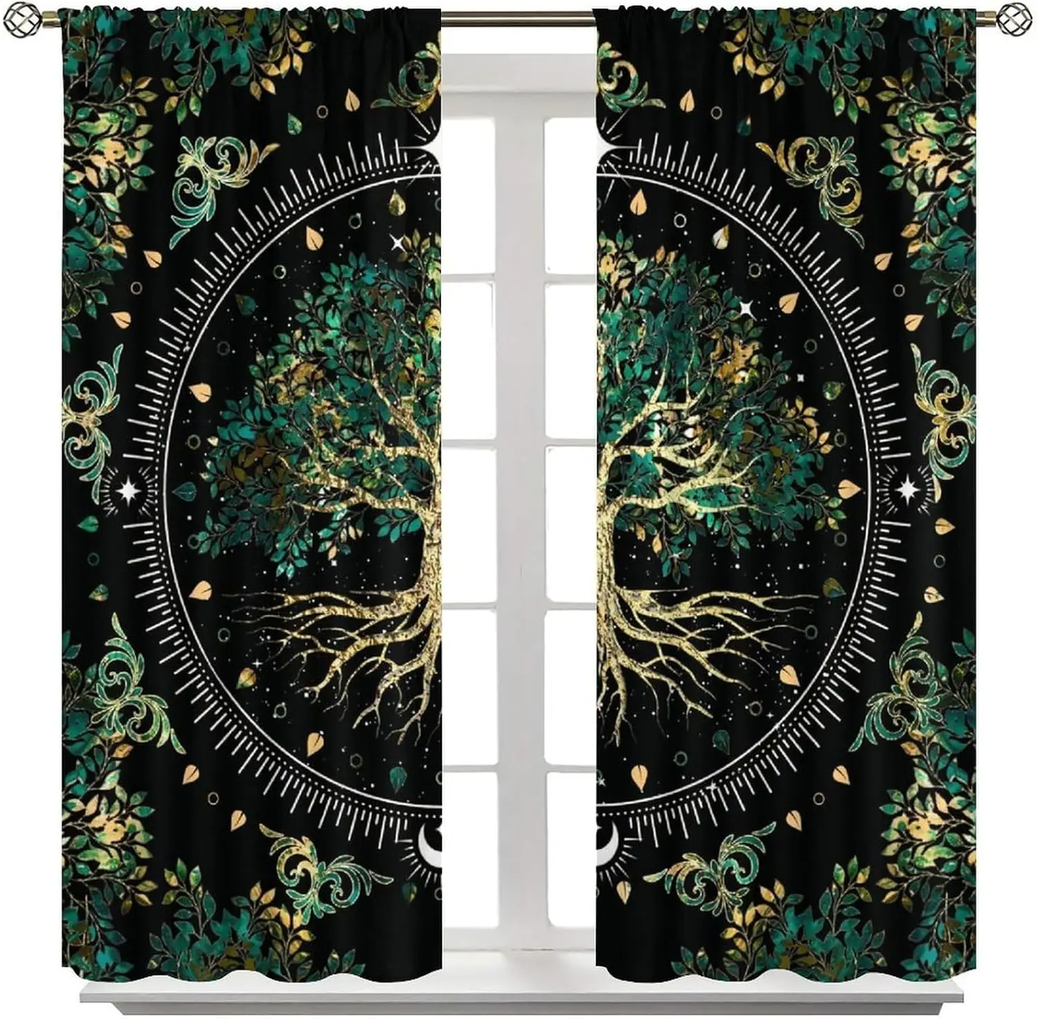 Vintage Norse Tree of Life Curtains, Green Magic Nature Print Window Drapes for Boys Teen Kids Bedroom Living Room Home Decor