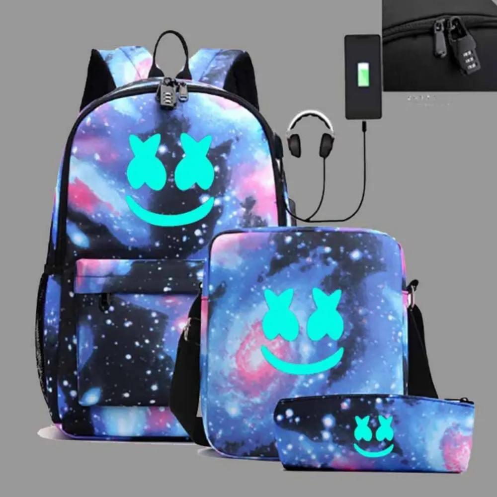 Luminous Backpack Sets DJ Marshmello Women Men USB Outerdoor Laotop Backpack Teens School Bags Capacity Mochilas 3Pcs