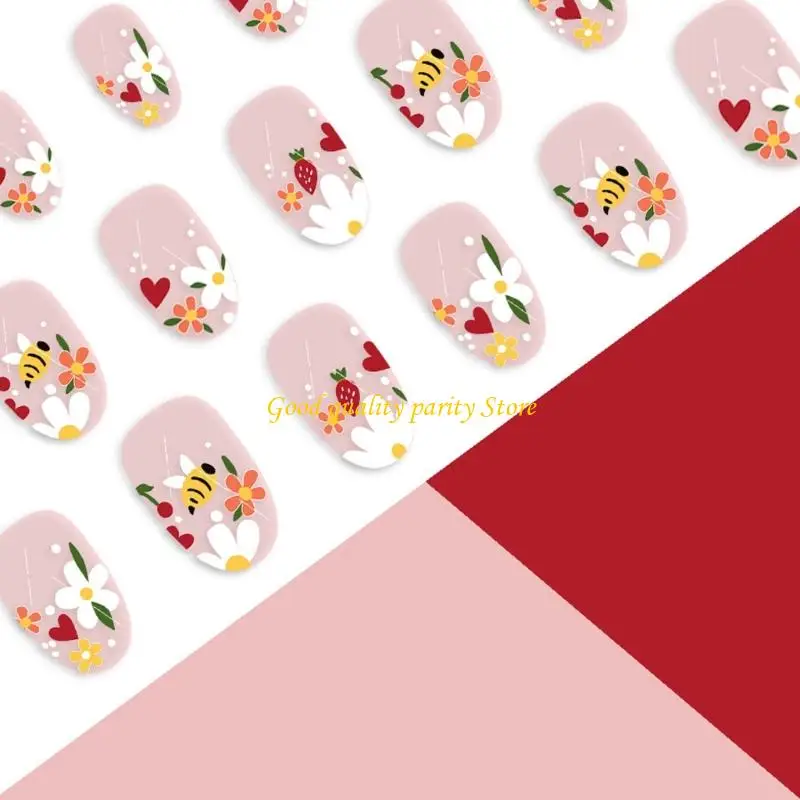 M4YA 24 PCS Đáng yêu Những con ong nhân tạo ngắn hình bầu dục đầy đủ bìa giả hình móng tay bóng trên móng tay nhấn trên móng tay