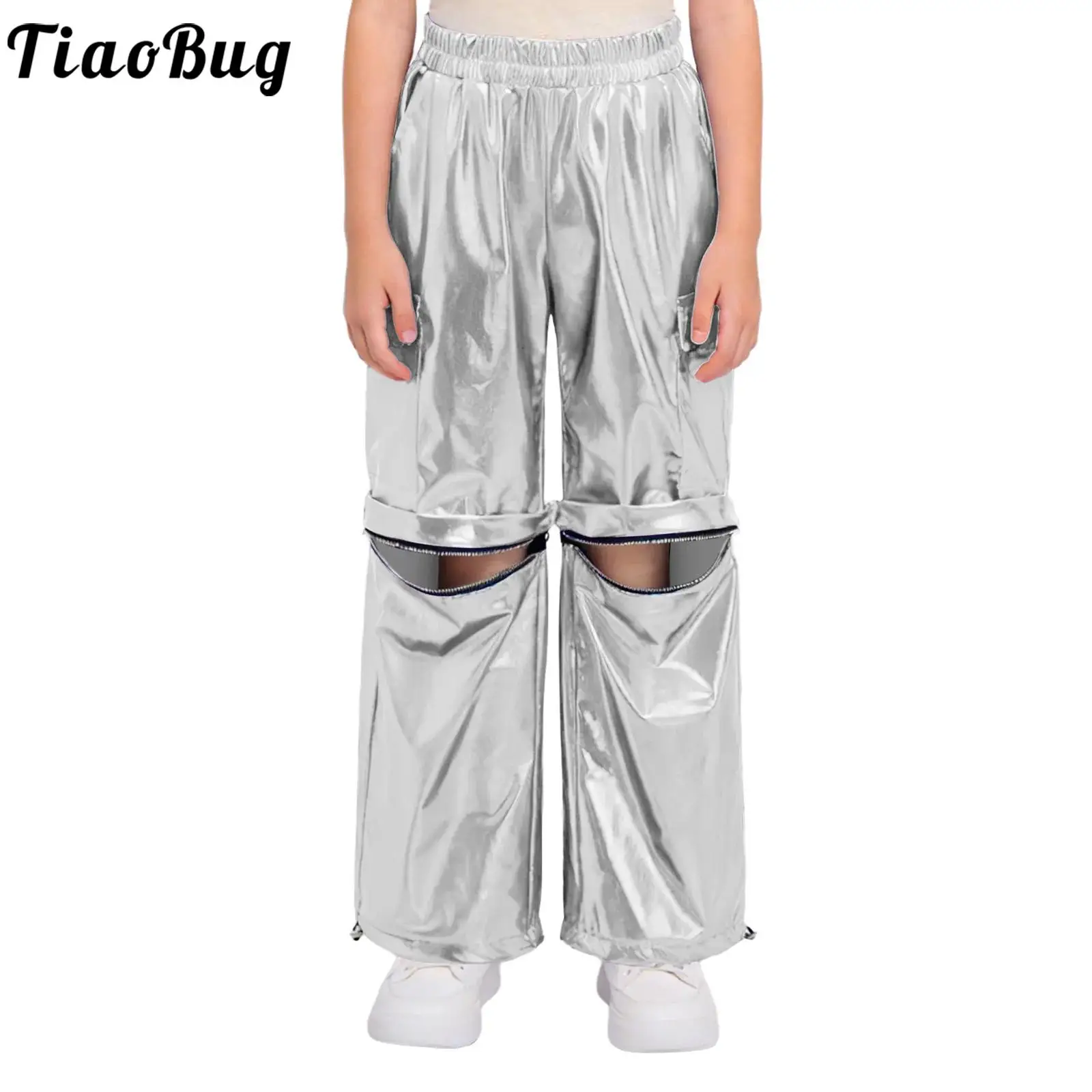 

Kid Boys Girls Metallic Dance Cargo Pants Elastic Waistband Drawstring Zip-Off Leg Trousers for Hip-Hop Modern Street Jazz Dance