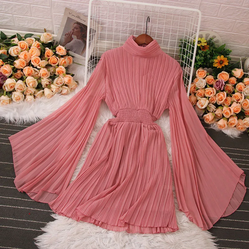 

2023 Autumn Fashion Flare Long Sleeve Pleated Dress Women A Line Large Hem Party Dresses Ladies Turtleneck Knee-Length Vestidos