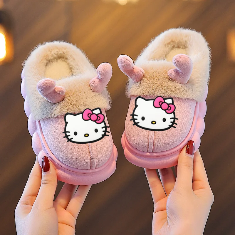 Sanurgente Hello Kitty-Pantoufles chaudes non ald pour enfants, chaussures de dessin animé pour enfants, pantoufles d'hiver pour garçons et filles, maison, extérieur, fourrure pour bébé, chaussures décontractées, nouveau