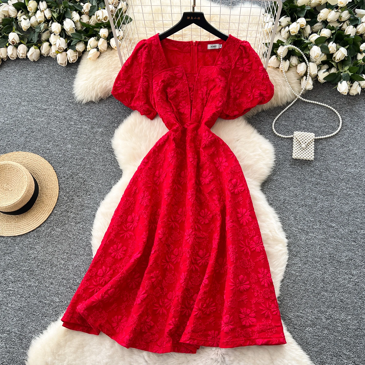 

Vintage sexy jacquard short sleeve dress Chic Summer Beach fairycore Vestidos Vacation women clothing