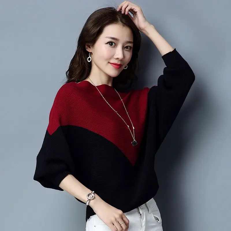 Contrast Color Women's Bat Sweater Autumn Winter Loose One Necked Western Style Temperament Elegant Knit Sweater Top for Women