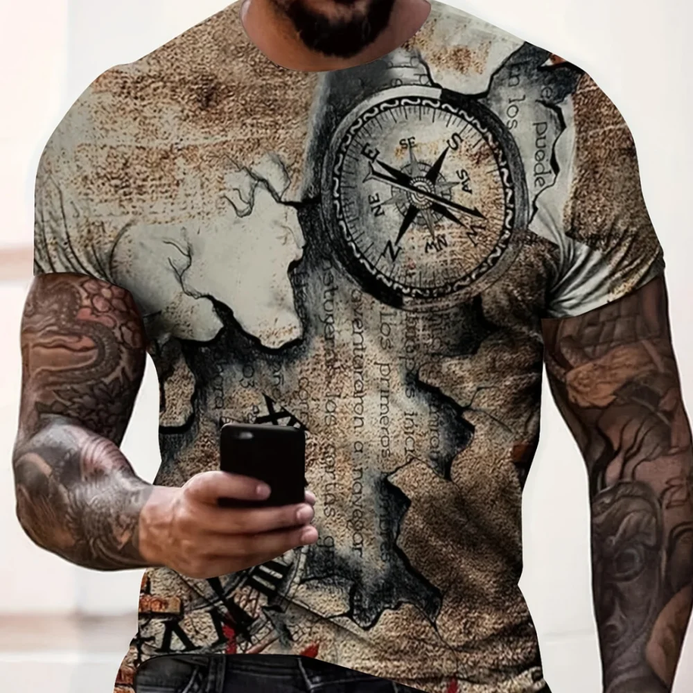 

Vintage Compass T Shirts For Mens Short Sleeve Tops 3D Retro ApparelO Neck Pullover Summer Men's T-Shirt Casual Man's Tees