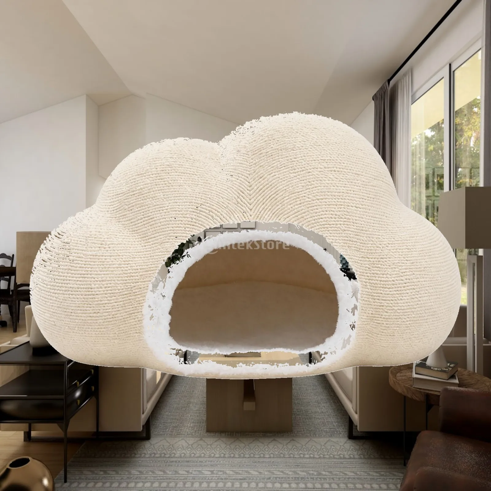 Indoor Cat House with Sisal Rope Scratching Area Linen Fabric Puff Shaped Cozy Shelter for Kittens