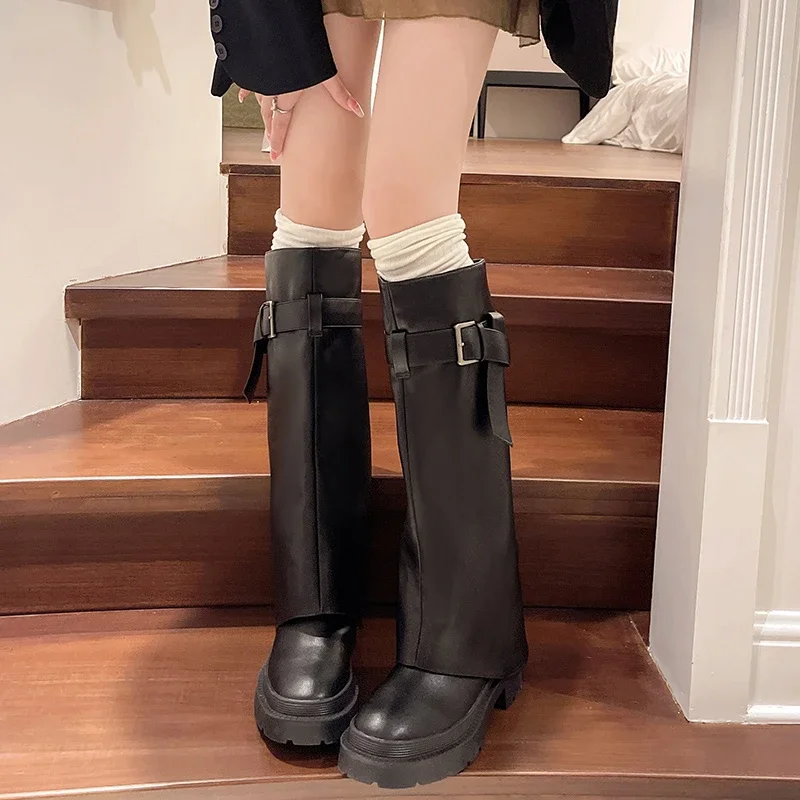 2024 Hot Girl Design Sense New Long Tube Boots Thick Soled Knight Boots Fashionable Retro High Tube Pants Tube Boots for Women