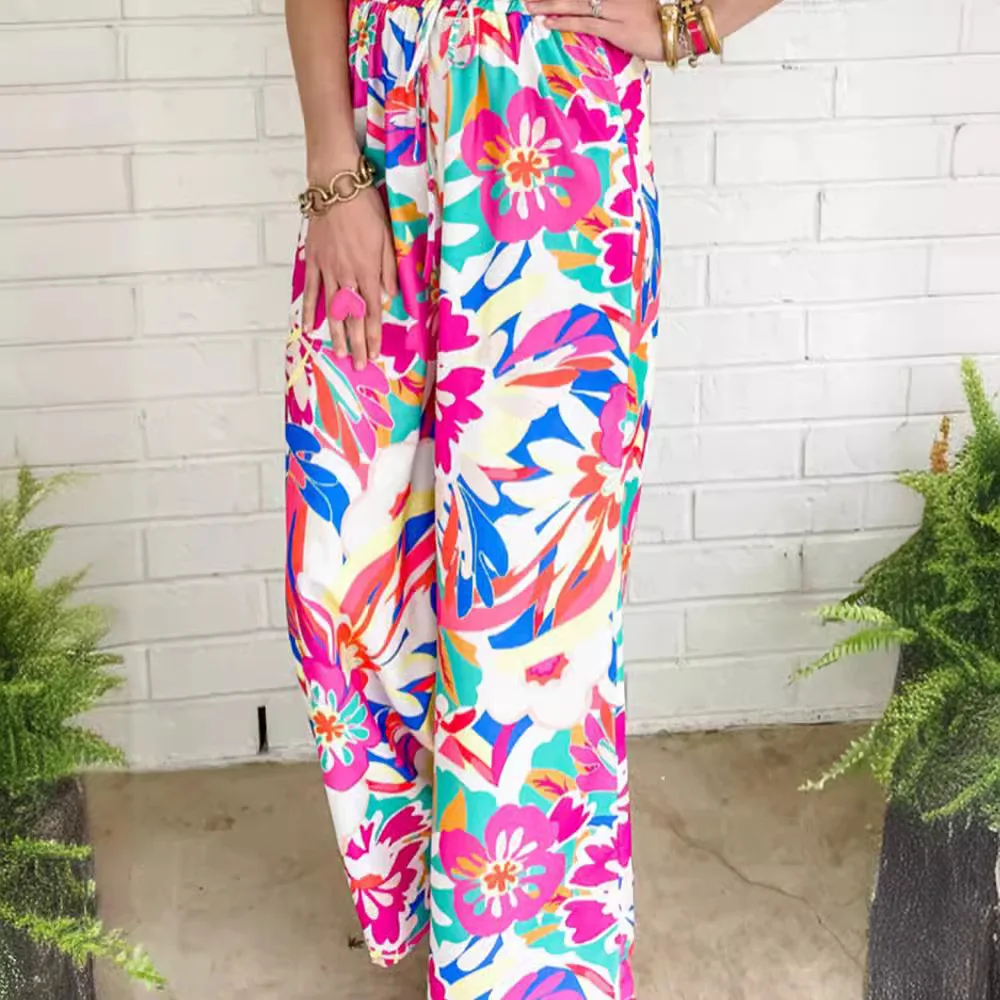 

2024 Spring New Floral Printed Wide Leg Pants for Women Casual Loose Flesh Covering Straight Pants for Women