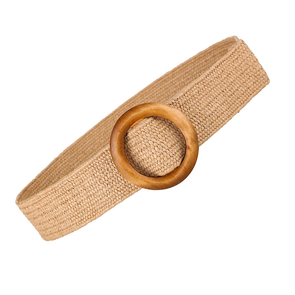 Brown Casual Woven Belt Natural PP Grass Adjustable Wood Buckle Ladies Waistband Fashion Woven Belts for Pants Jeans Bohemian