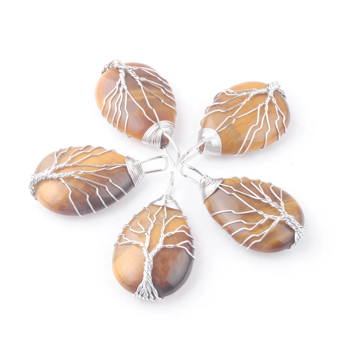 

5Pcs Natural Tiger's Eye Pendants Stone Teardrop Tree of Wire Wrap Charms Energy Healing Jewelry EN4206