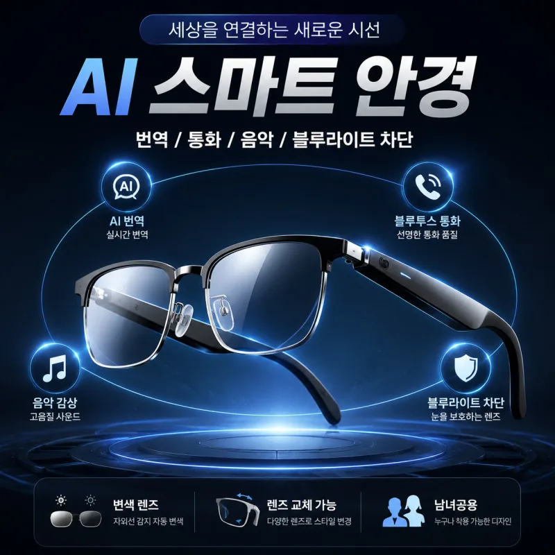 AI 스마트 안경 블루투스 번역 통화 음악 재생 블루라이트 차단 변색 렌즈 남녀공용 선글라스 렌즈 교체 가능