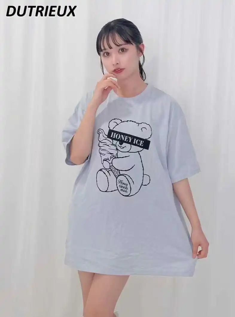 Japanese Style Cotton Cute Girl Tops Cartoon Printed Short Sleeve T-shirt Sweet Student Wear Straight Mid-Length T Shirt