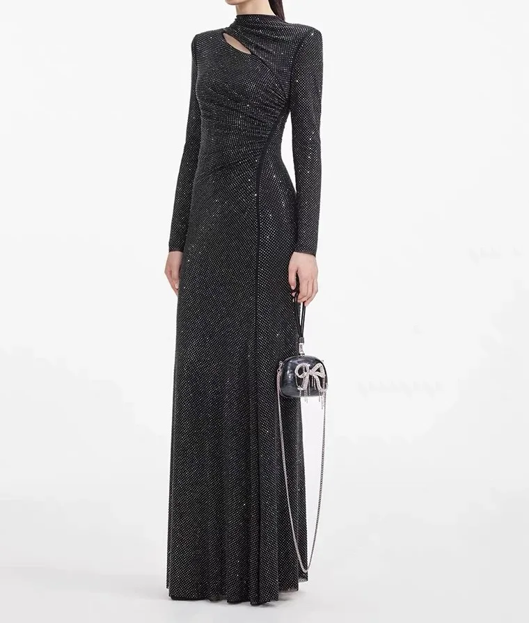 

Black Top Quality 2025 New Diamonds Full Sleeve Cut Out Pleats Women Mermaid Maxi Dress for Party