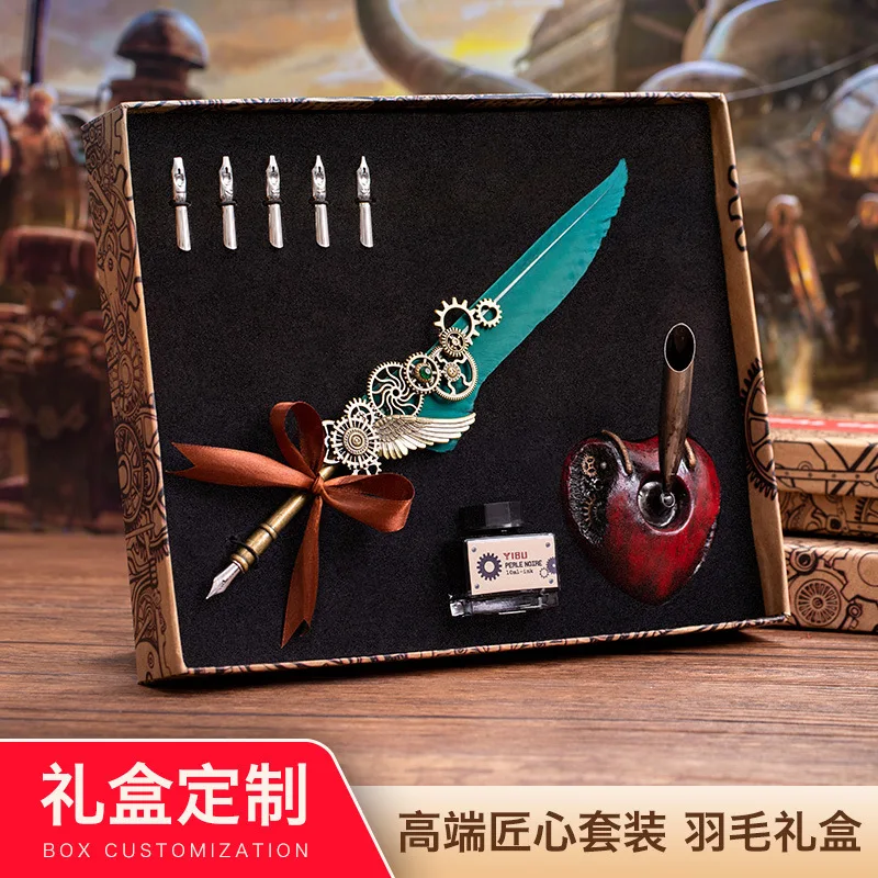 

British Retro Mechanical Gear Wings Feather Pen Set with Gift Box Dipping Fountain Pen for Writing Office & School Supplies