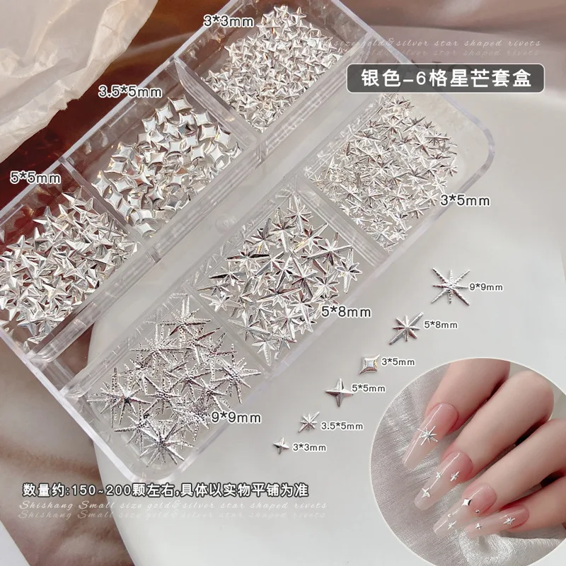 6Box best verkochte metalen zilveren nagelbedels set – Starry Stud Nail Art-accessoires voor een glamoureuze en edgy manicure-look