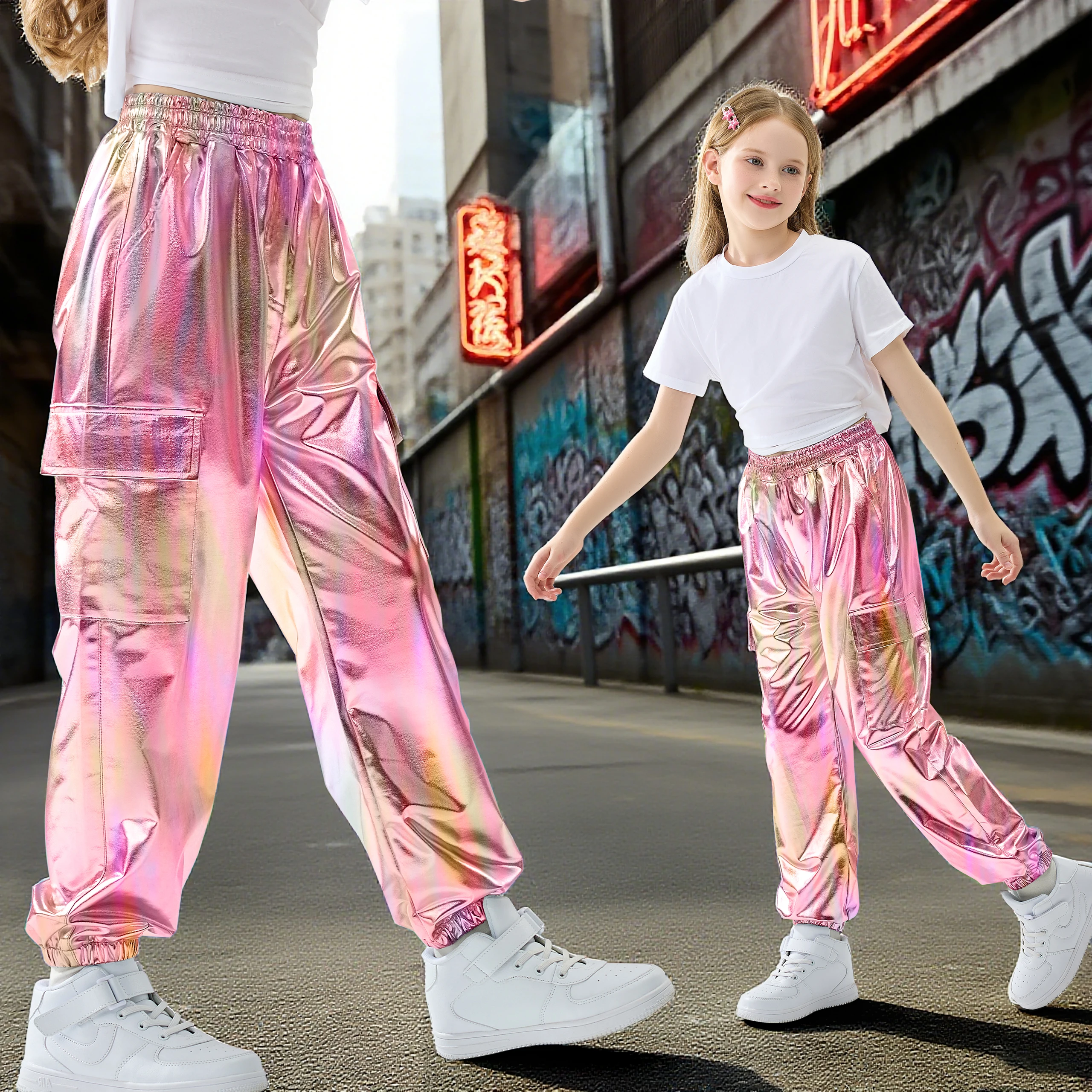 LOlanta Girls Cargo Pants for Kids Loose Streetwear Hip Hop Dance Cargo Patent Leather Pants for Kids 6-16 Years
