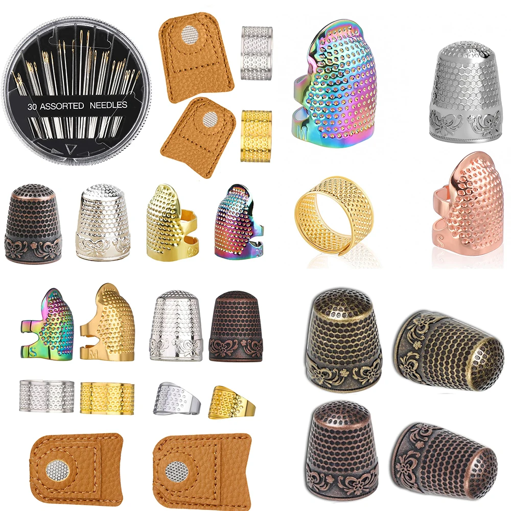 Retro Metal Sewing Thimble Ring Kit Leather Fingertip Finger Protector For Stitching Needles Accessories DIY Sewing Tool Set