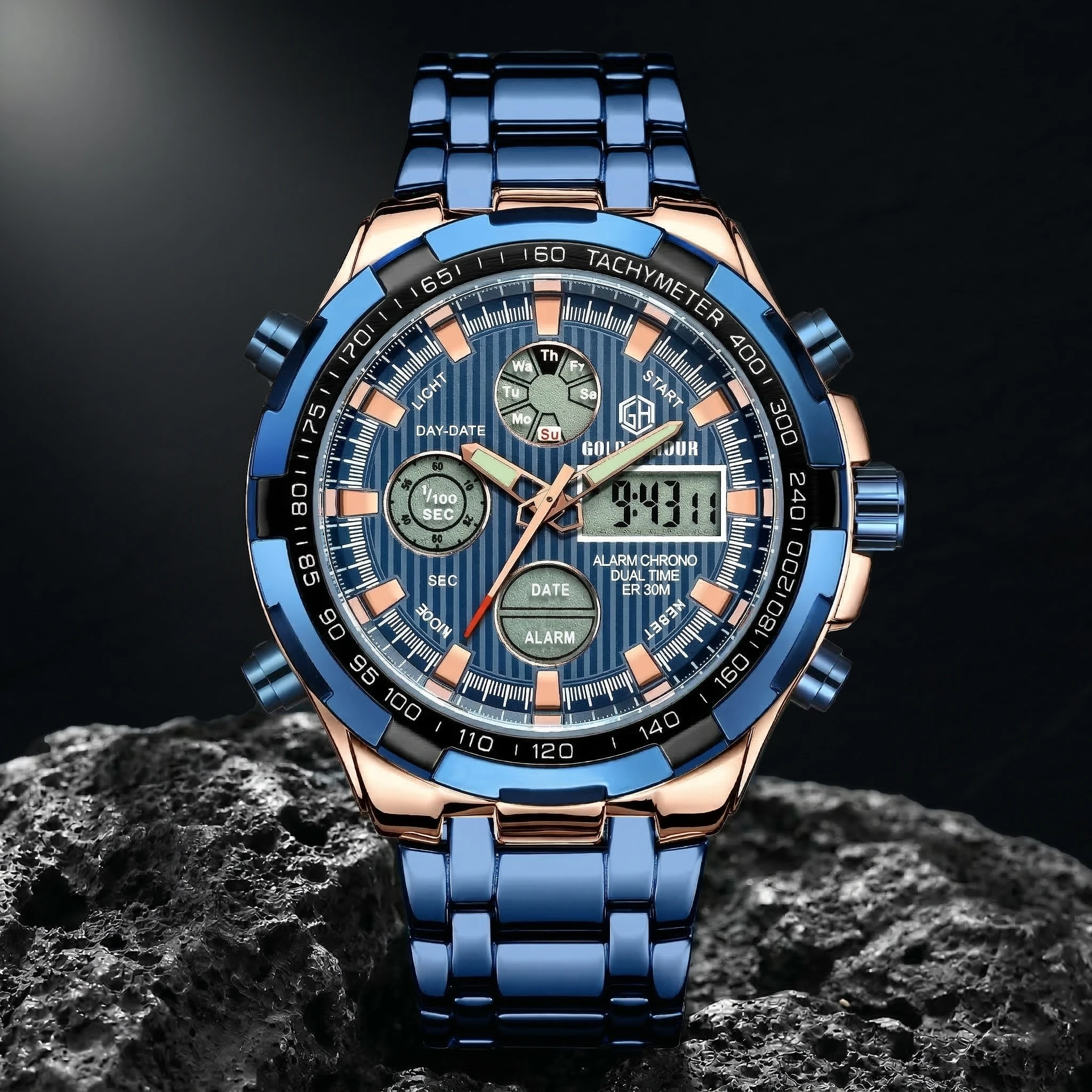 GOLDENHOUR Luxus-Herrenuhr, industrielles Blau, Roségold, Stahlband, LED, digital, analog, Dualzeit, wasserdicht, leuchtende Quarzuhr