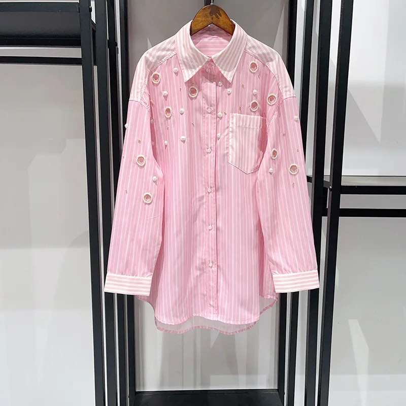 Niche 2025 spring/summer pink vertical bar heavy industry nail bead circle hollow-out shirt shorts for women