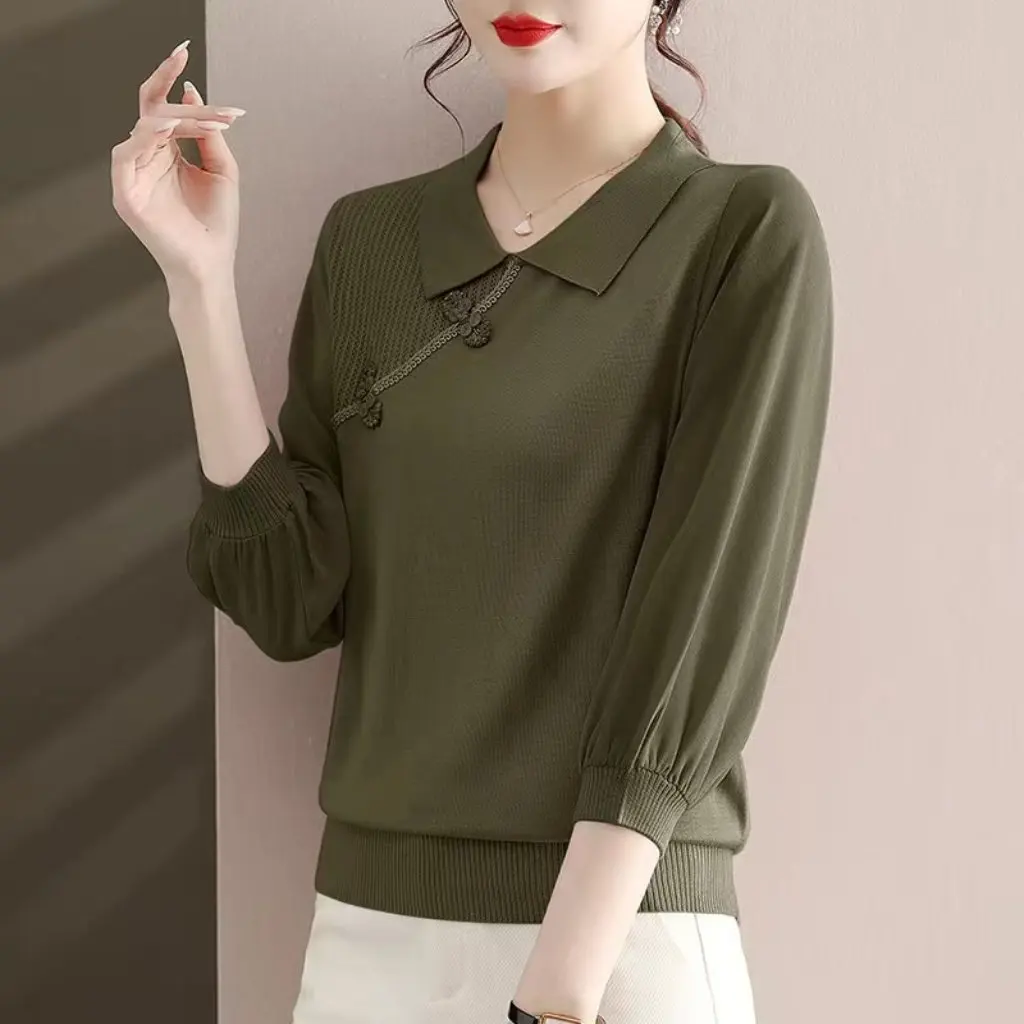 

Retro Style Small Shirt Spring Clothes for Young Moms Bottoming Western Pankou Pullover Sweater National Style Top