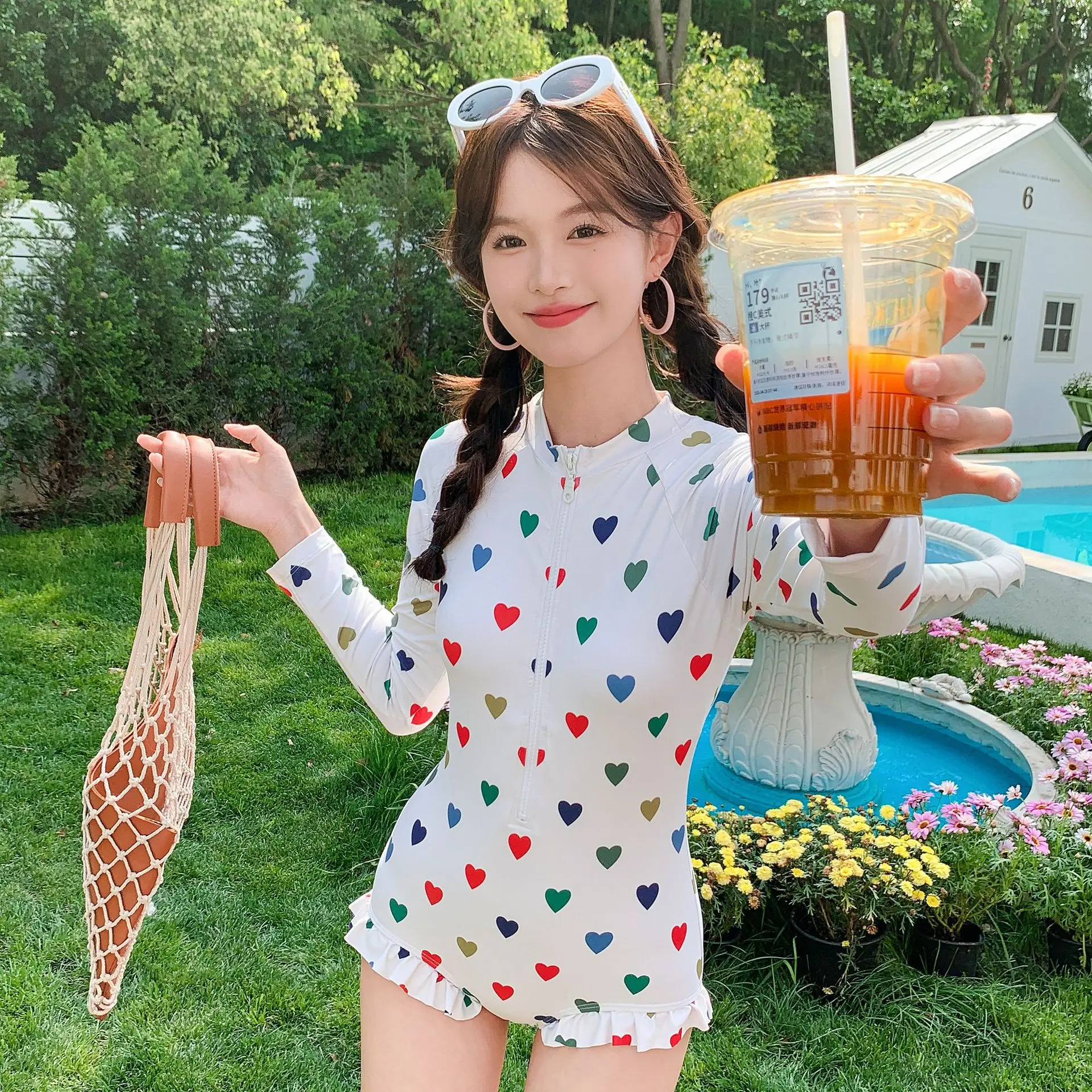 Girls Summer One-piece Swimsuit Long-sleeved One-piece Triangle Swimming Girl Parent-child Foreign Style Swimsuit