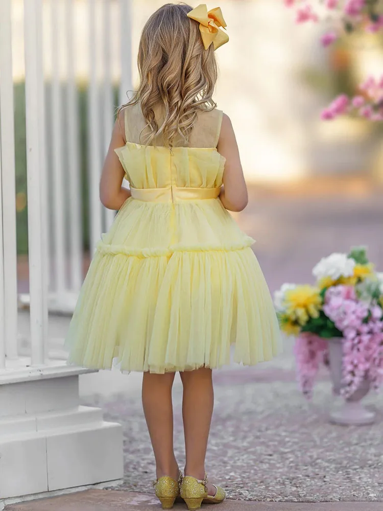 Yellow lovely Flower Girl dress elegant tulle Multiple levels knee-high Short dresses suit kids birthday party prom evening gown