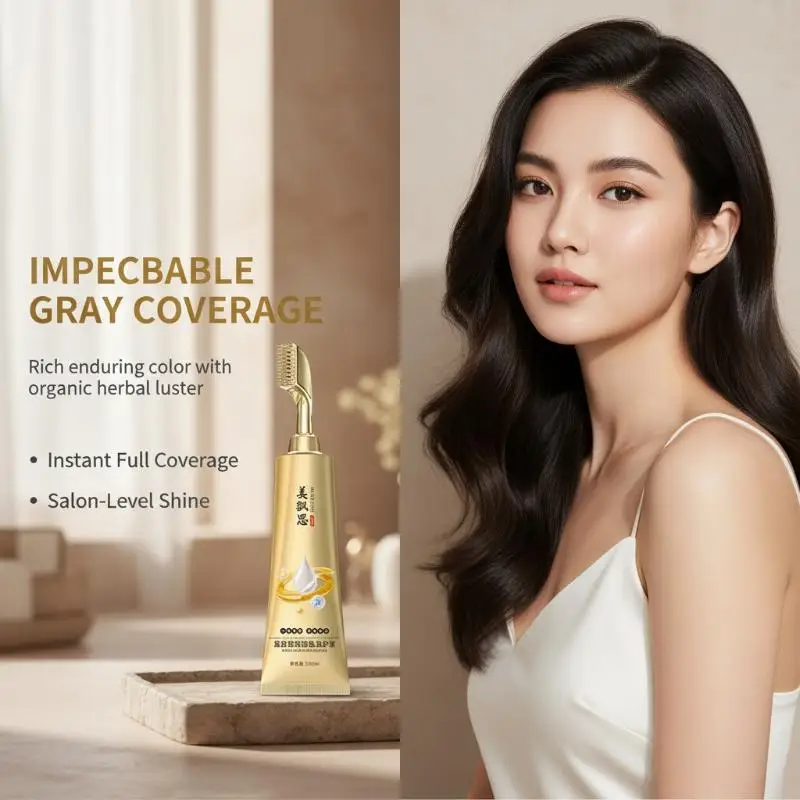 Black Hair Dye Cream with Built-in Comb Long Lasting Cover Gray Hair Natural Mild  for Home Salon Use