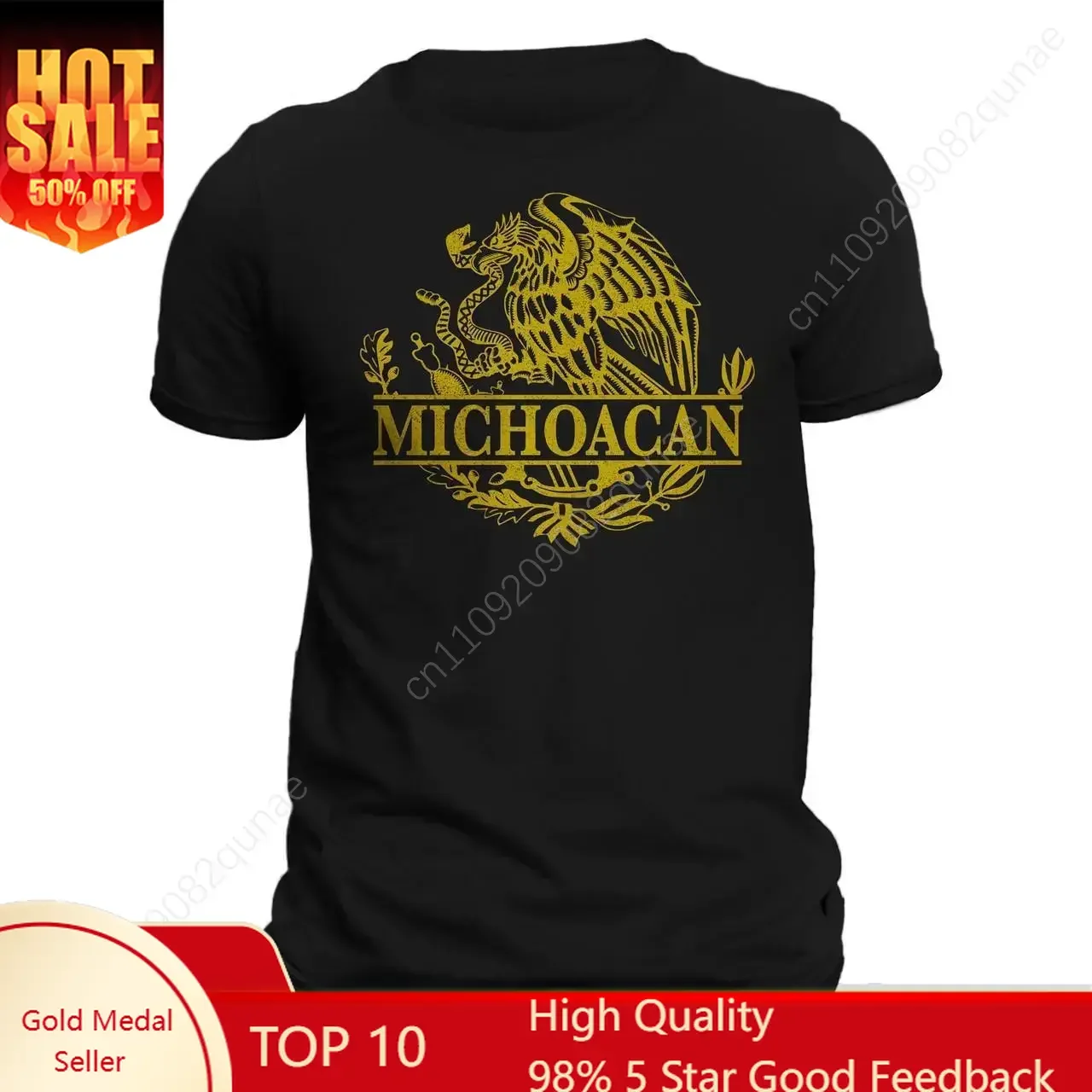 Michoacan Mexico Eagle Emblem Mexican Flag T-Shirt - 100% Ring-spun Combed Cotton, Crew Neck, Casual Style, Regular Fit, Lightwe