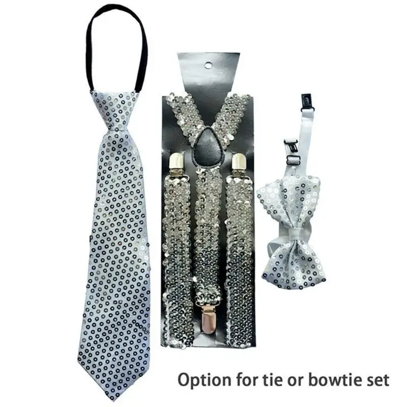 39BD Frauen Männer Sparkly Pailletten Hosenträger Bowtie Krawatte Set Clip-on Elastische Y-Form Zurück Brace Hosenträger Cosplay – Detail 9