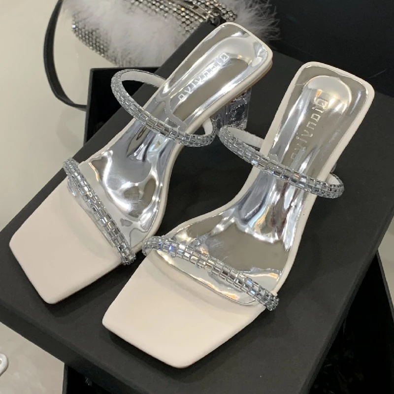 

Elegant Diamond Strap Design Slippers Women Summer Sexy Open Toe Slide Sandals Crystal High Heeled PVC Mule Shoe Zapatos Mujer