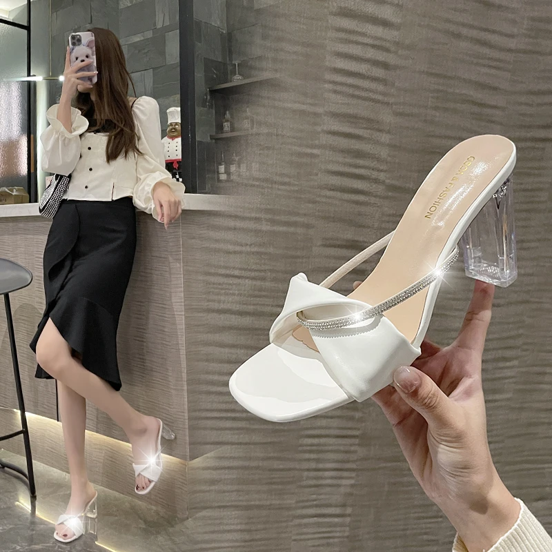 

Sexy Rhinestone Comfortable High-heeled Shoes Women Thick Heels New Summer Wear Square Open-toe Fashion Work Sandalias De Mujer