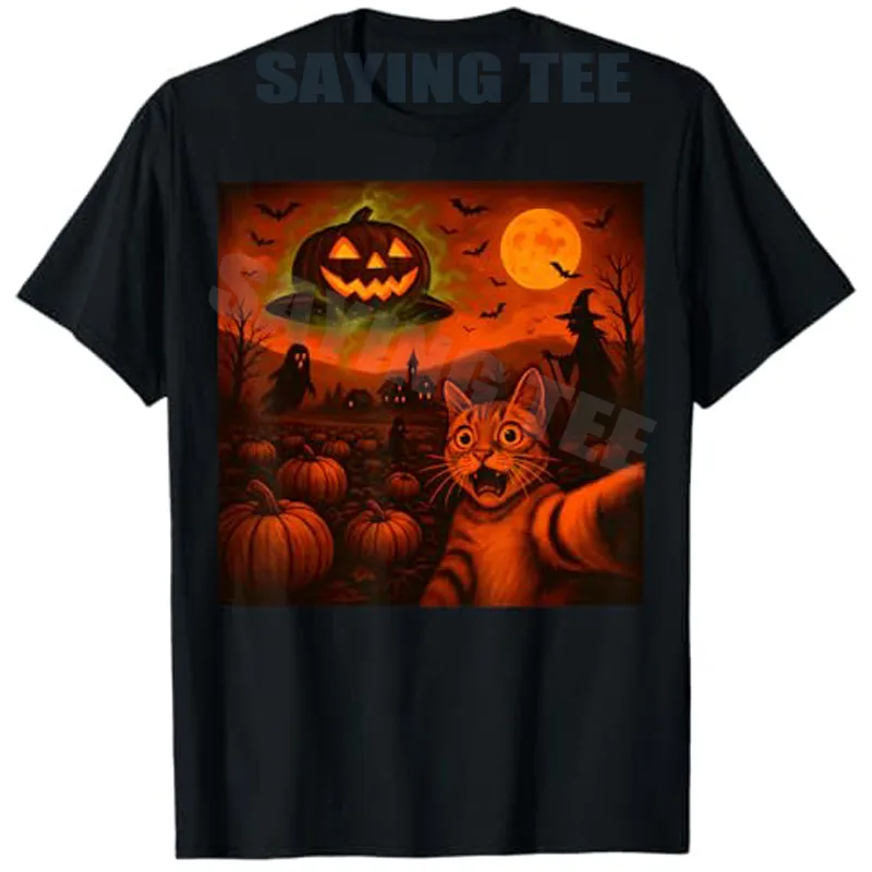 

Funny Halloween Cat Selfie Pumpkin Ghost T-Shirt Spooky Humor Fans Novelty Gifts Y2k Street Kitty Witch Art Graphic Saying Tee