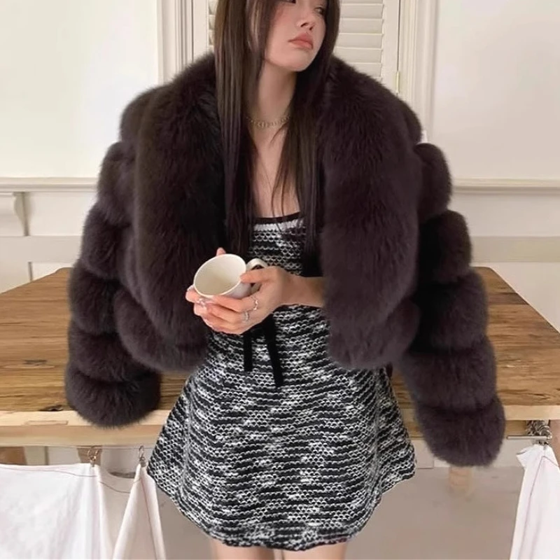 Manteau court en fausse fourrure de renard pour femme 2026, col rabattu, manches longues, veste unie, style Y2k, épais, pour femme de bureau, décontracté, automne-hiver