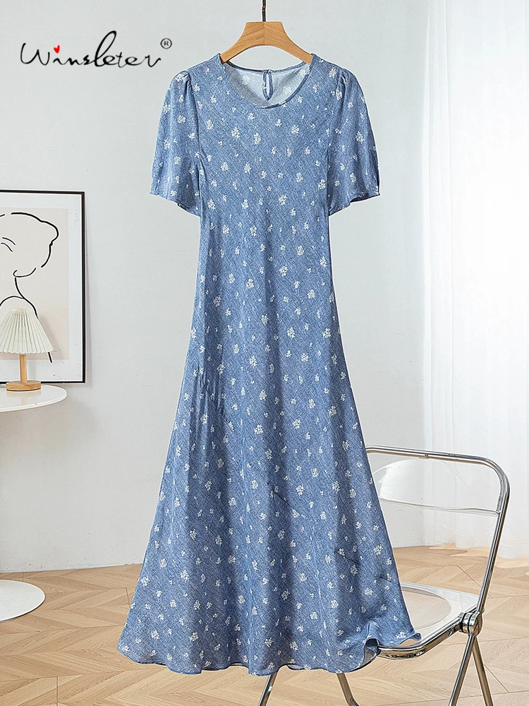 

Winsleter-Women 100%Real Silk Elegant Dress, Short Sleeve O Neck Print, French Retro Commute Slim Dresses, 2025 Summer D56616CC