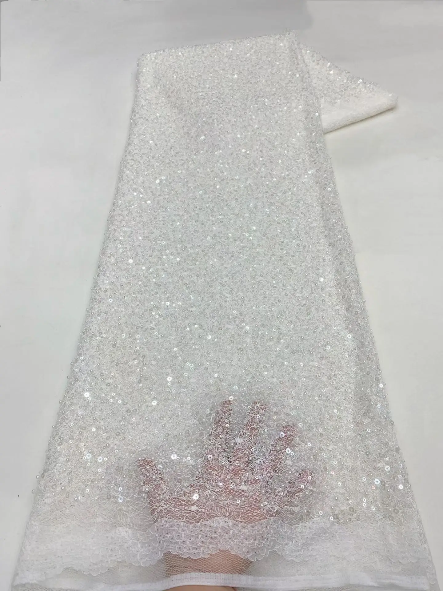 

White Lace Wedding Dress Mesh Embroidery Groom Nigerian Lace Fabric 2025 Lace Fabric For African 5 Yards Beaded Lace Fabric H4-1