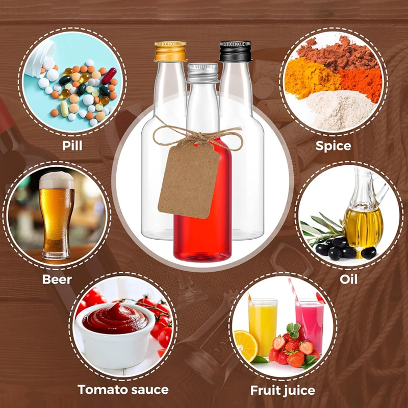 5 قطعة 30 مللي-150 مللي زجاجات عصير بلاستيكية صغيرة فارغة مع أغطية ألومنيوم زجاجة الخمور القابلة لإعادة الملء لحفلات الزفاف ديكور ذاتي الصنع