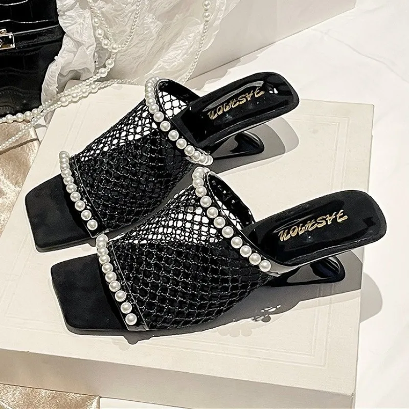 

Mesh High Heels Slippers Women Bead Sandals Elegant Square Toe Summer 2025 Fashion Open Toe Shoes Dress Pumps Sandalias Mujer