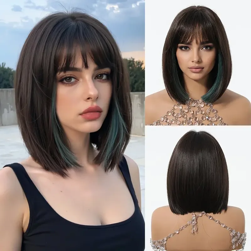 

ESIN Brown Natural Bob Synthetic Wig with Bangs Mixed Green Short Straight Wigs Daily Party Heat Resistant Fake Hair for Women