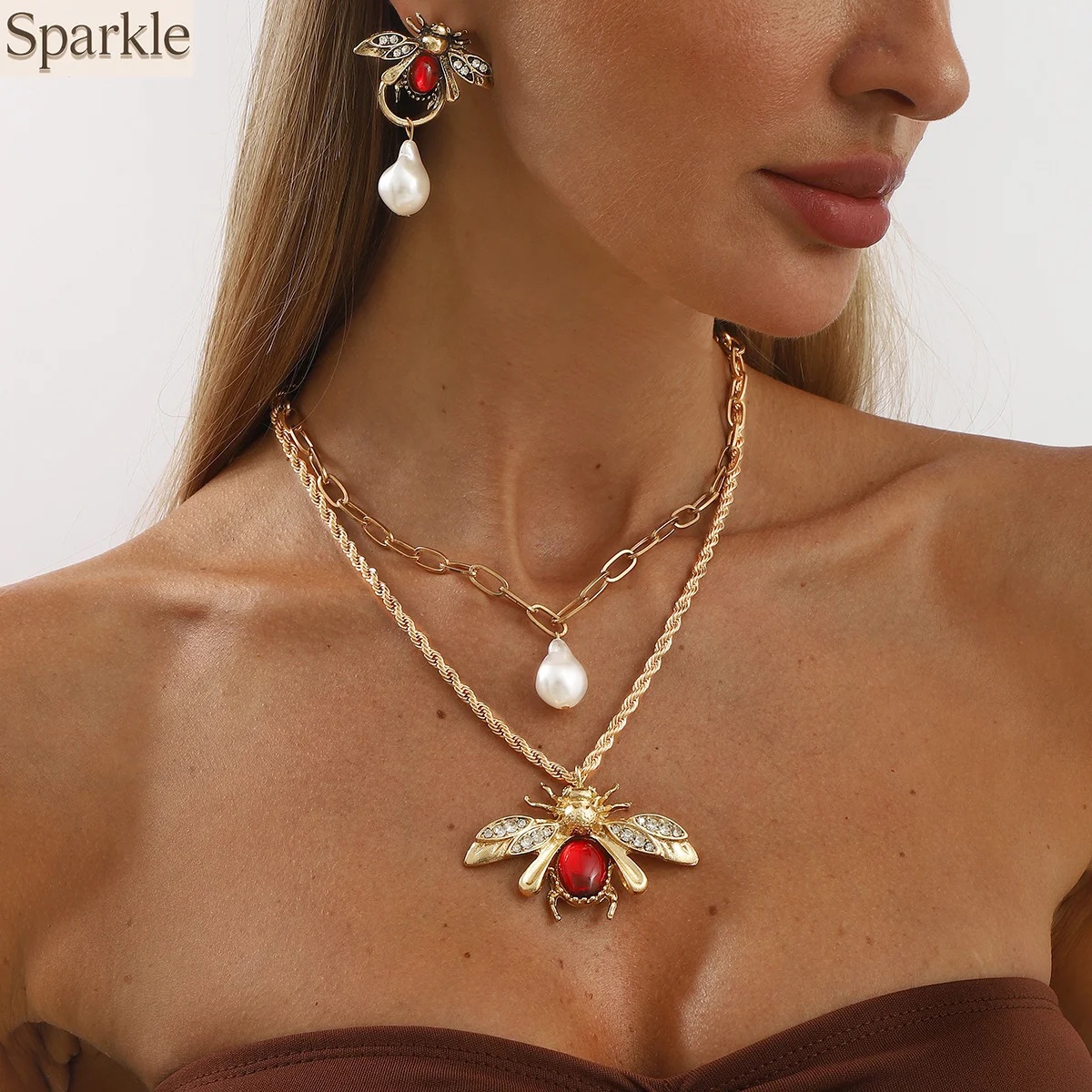 

Vintage Insect-inspired Teardrop Faux Pearl Jewelry Set For Women Red Crystal Necklace & Earrings Retro Stylish Charm Girls Gift