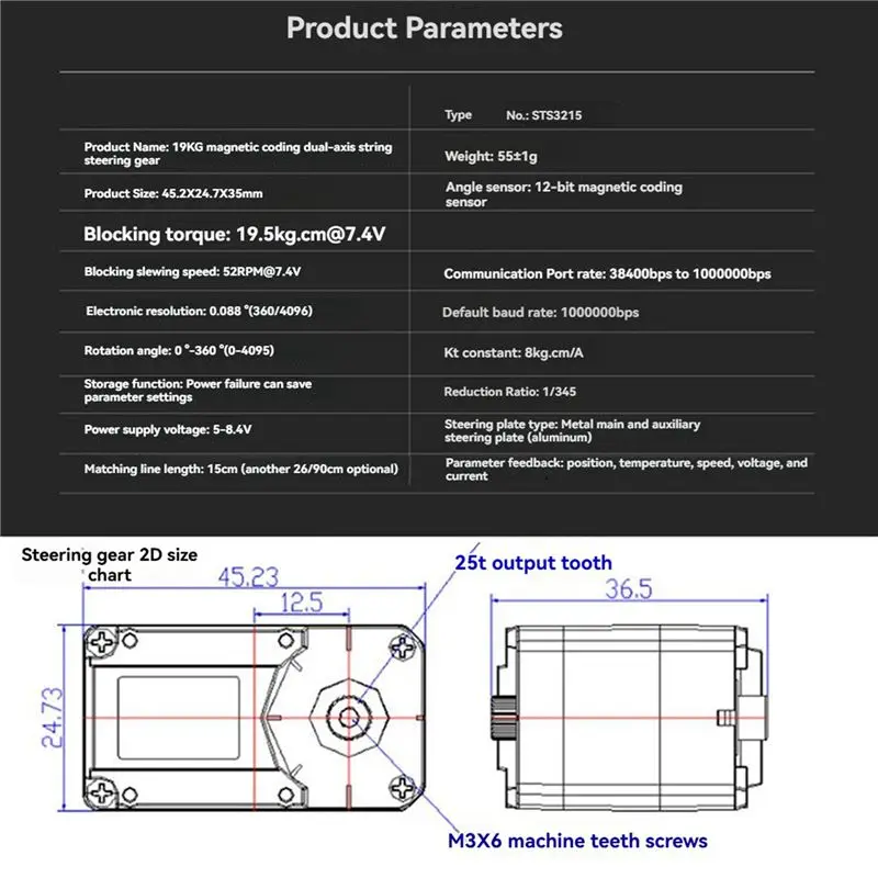 ABJL 2X 7.4V STS3215 Intelligent Bus for Servo, 19KG High Torque for SO-ARM100 Robotic , TTL for Servo Motor with FE-URT-1