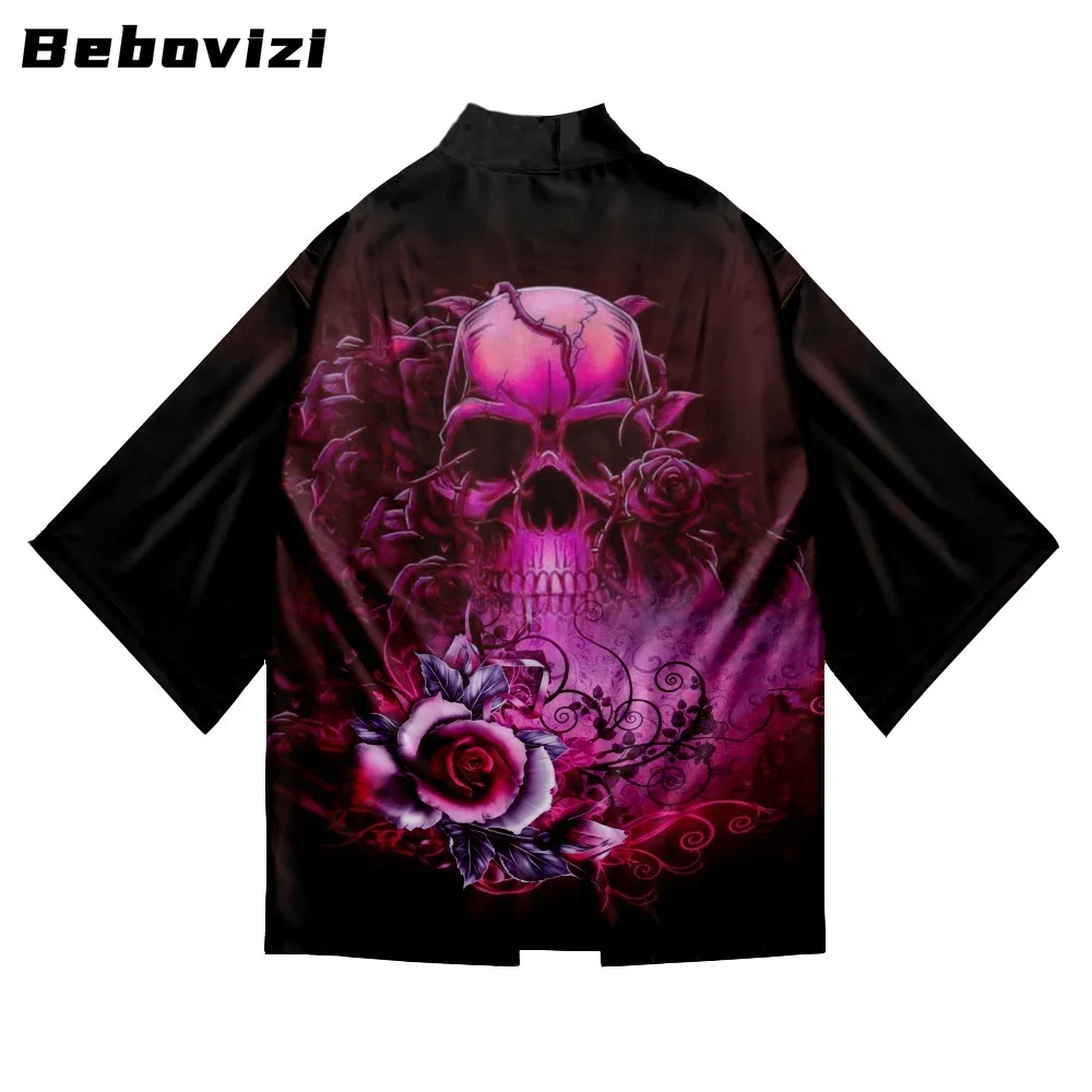 

Bebovizi Harajuku Skull Rose Print Cardigan Haori Women Men Loose Yukata Asian Clothing Japanese Beach Kimono