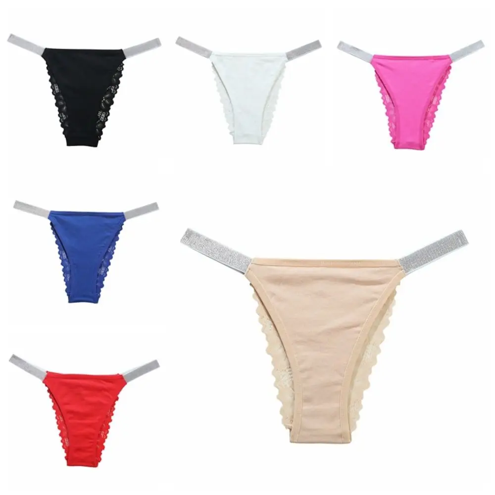 Fashion Crystal Lace Flower Panties Low Waist Cotton Crotch Rhinestone Thong Female Underwear Underpants Mesh Briefs Girl