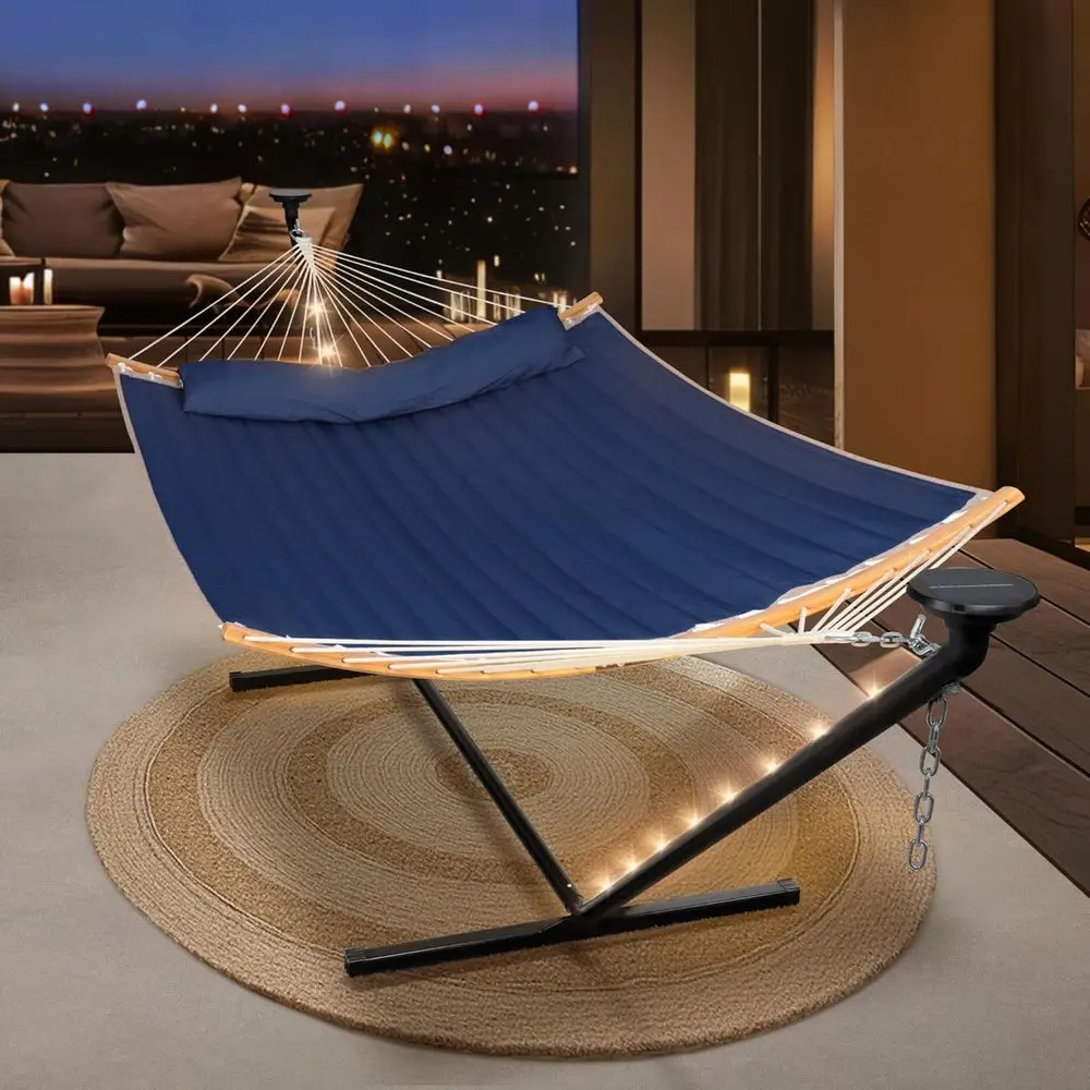 Portable 2-Person Outdoor Hammock with 12ft Stand and Powered Lights, Blue